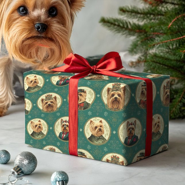 Victorian Yorkie Christmas Portraits on Emerald Gr Wrapping Paper (Creator Uploaded)