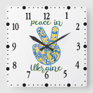 Victory gesture and lettering Peace in Ukraine Square Wall Clock