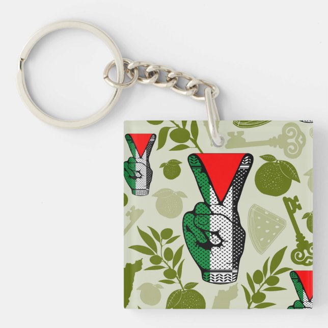 Victory Sign Hand Resistance Red Triangle Symbol Key Ring (Front)