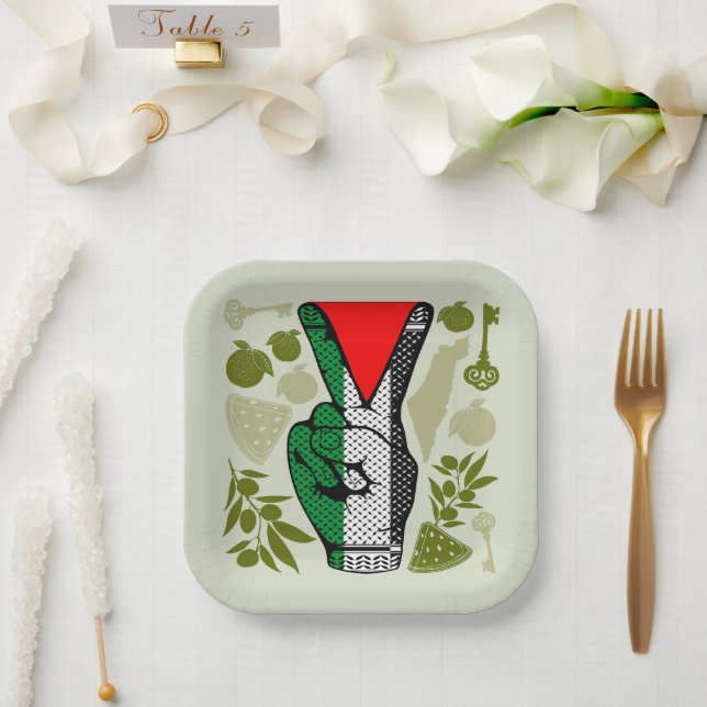 Victory Sign Hand Resistance Red Triangle Symbol Paper Plate (Wedding)