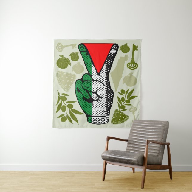 Victory Sign Hand Resistance Red Triangle Symbol Tapestry (In Situ)