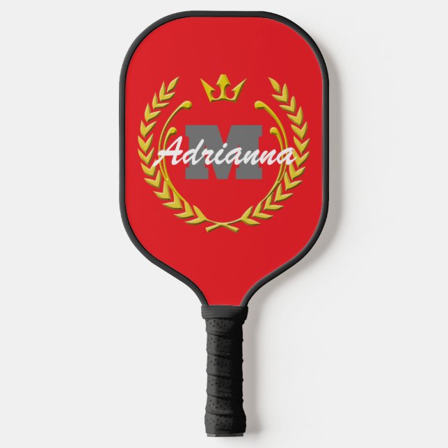 Victory Wreath Monogram and Name RedBG Pickleball Paddle (Front)