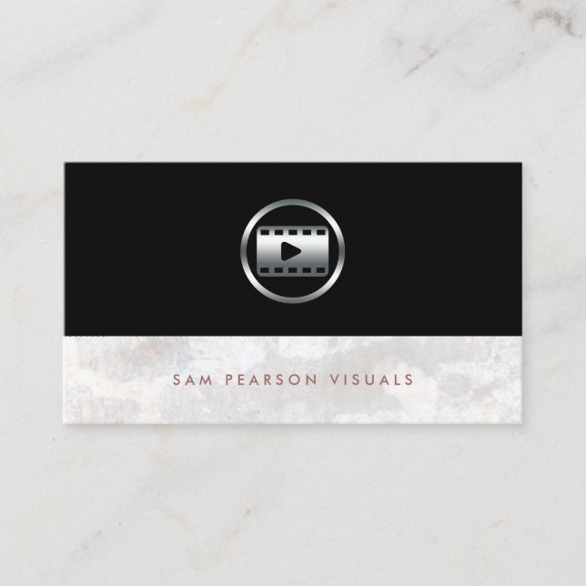 Video Editor Bold Silver Video Clip Icon Elegant Business Card (Front)
