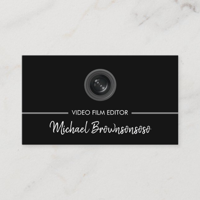 Video Editor Filmmaker Black Movie Reel Logo Business Card (Front)