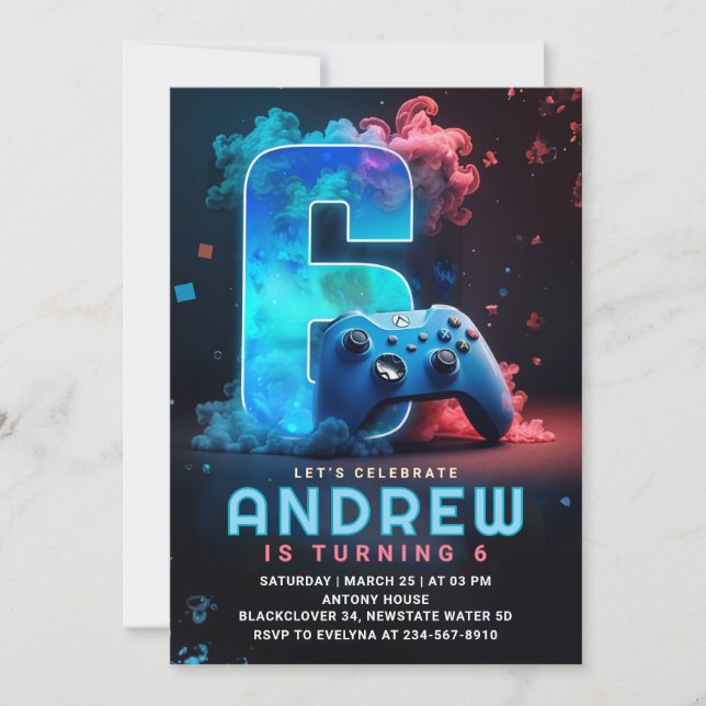 Video Game 6th Birthday Party Invitation (Front)