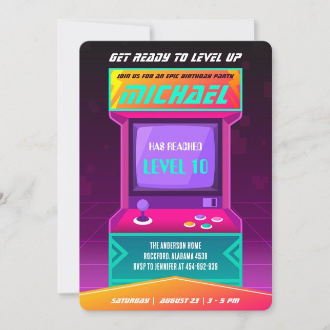 Video Game Birthday Invitation, Retro Arcade Invitation (Front)