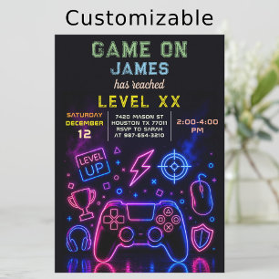 Video Game Birthday Party Neon Game On Level Up Invitation