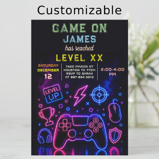 Video Game Birthday Party Neon Game On Level Up Invitation