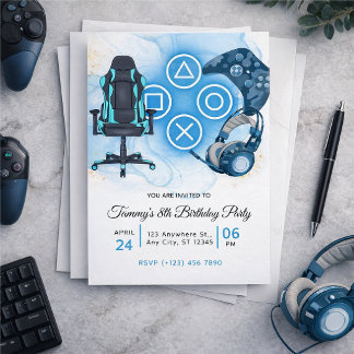 Video game blue birthday invitation