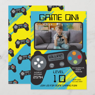 Video Game Blue Yellow Cool Boy Photo Birthday Invitation