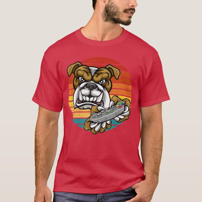 Video Game Bull Dog Gamer Gaming Retro Sunset Anim T-Shirt (Front)