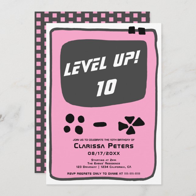 Video game console level up 10 kid birthday invitation (Front/Back)