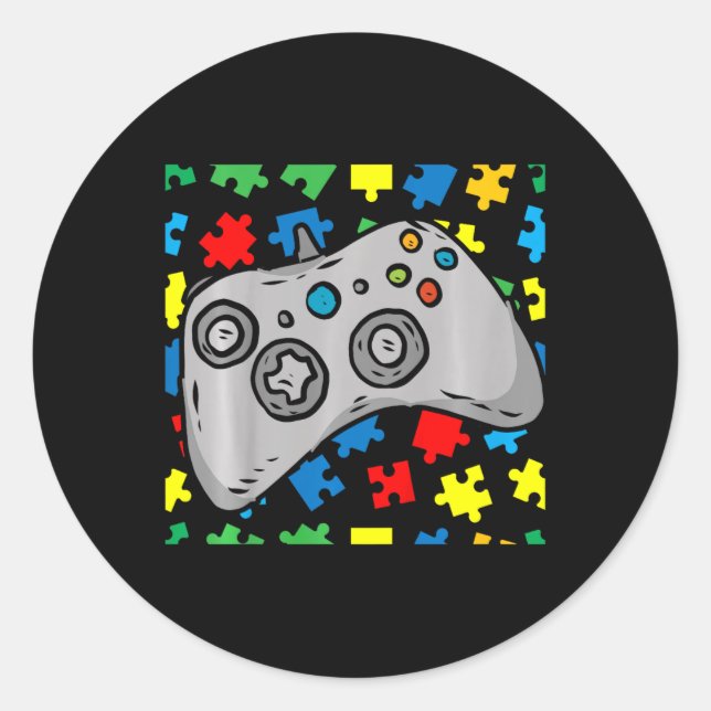 Video-game Controller Autism Awareness Puzzle Piec Classic Round Sticker (Front)