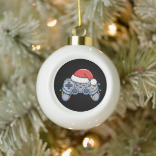 Video Game Controller Christmas Santa Hat Gamer Ceramic Ball Christmas Ornament