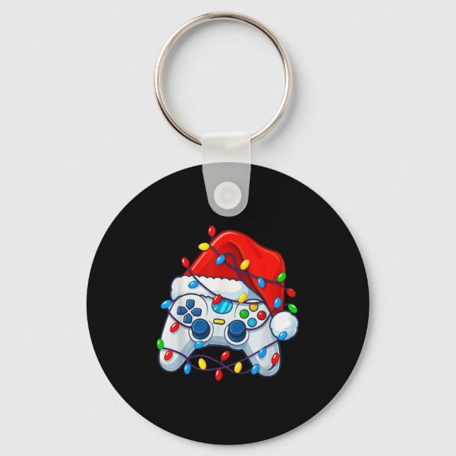 Video Game Controller Christmas Santa Hat Gamer Fu Key Ring (Front)