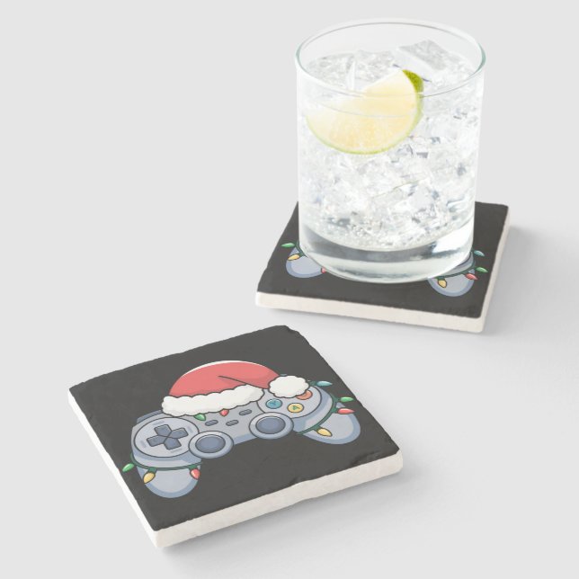 Video Game Controller Christmas Santa Hat Gamer Stone Coaster (Side)