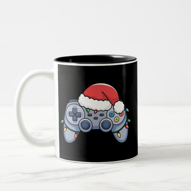 Video Game Controller Christmas Santa Hat Gamer Two-Tone Coffee Mug (Left)