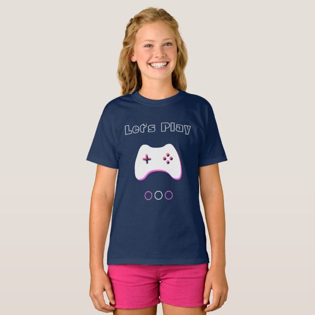 Video Game Controller, Let's Play, Blue & Pink Art T-Shirt (Front Full)