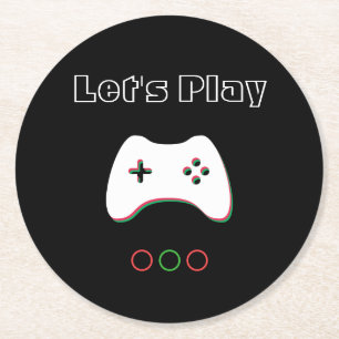 Video Game Controller, Let's Play, Red & Green Art Round Paper Coaster
