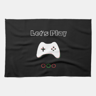Video Game Controller, Let's Play, Red & Green Art Tea Towel