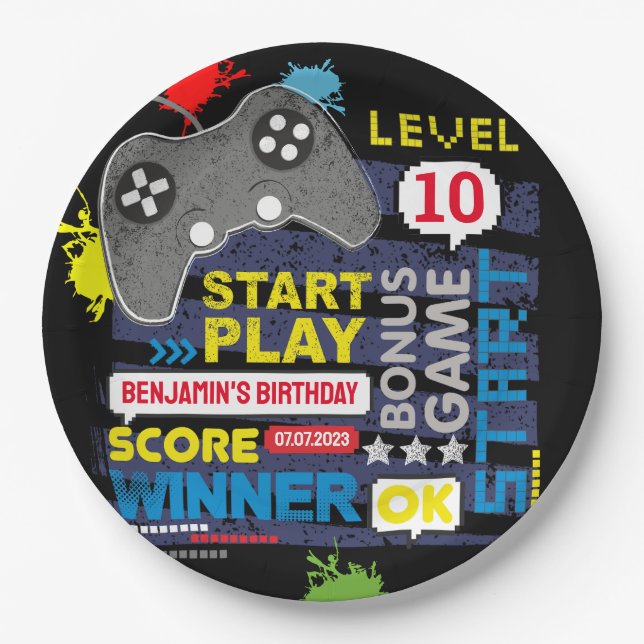 Video Game Controller Level Up Gamer Birthday Paper Plate (Front)