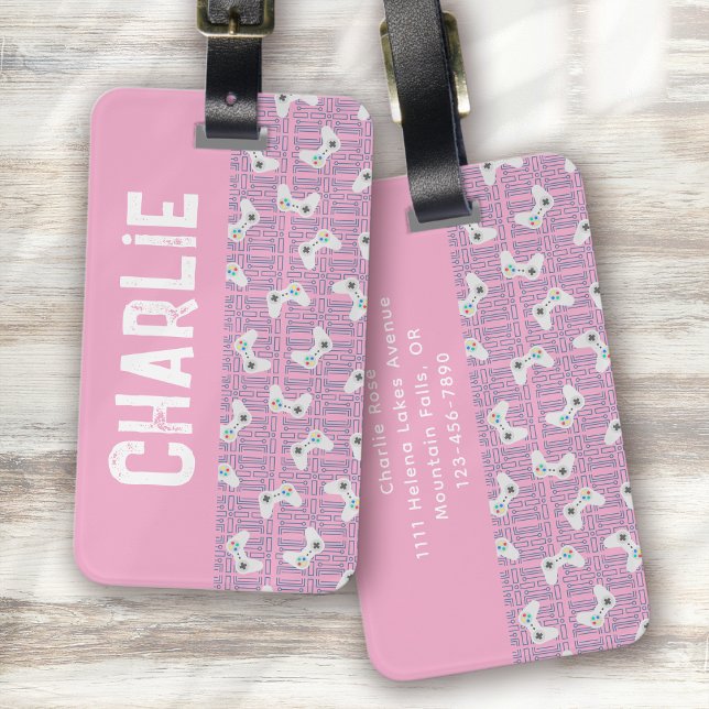 Video Game Controller Monogram Name Pink Luggage Tag (Creator Uploaded)