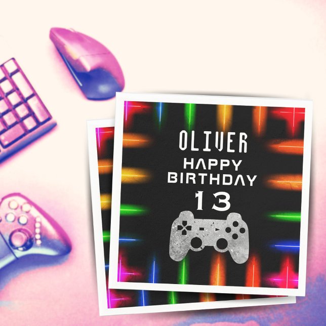 Video Game Controller Neon Gaming Birthday Party Napkin (Creator Uploaded)