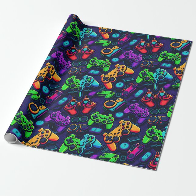 Video game controllers neon wrapping paper (Unrolled)