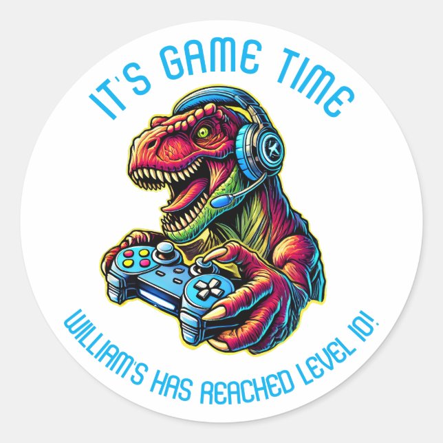 Video Game Dinosaur Gaming Birthday Party Classic Round Sticker (Front)