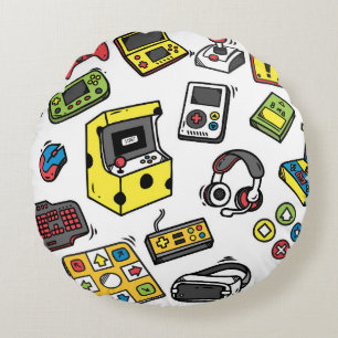 Video game, doodle set round cushion