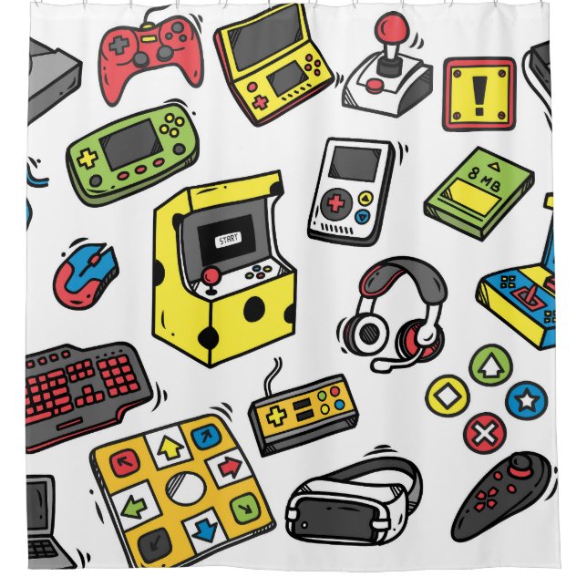 Video game, doodle set shower curtain (Front)