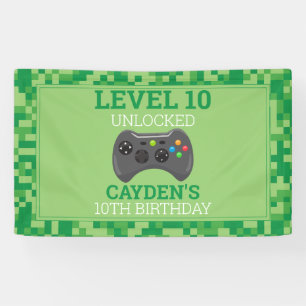 Video Game Game On Birthday Party Green Pixel Banner