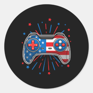 Video Game Gamer 4th Of July American Flag Boys  Classic Round Sticker