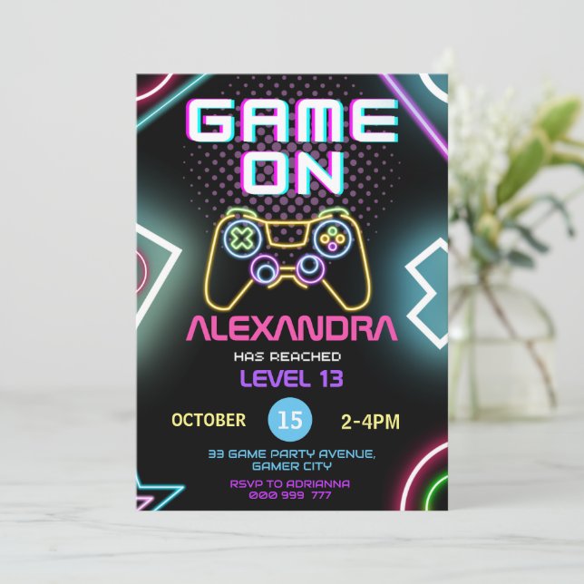 Video Game Gamer Girl Neon Birthday Invitation (Standing Front)