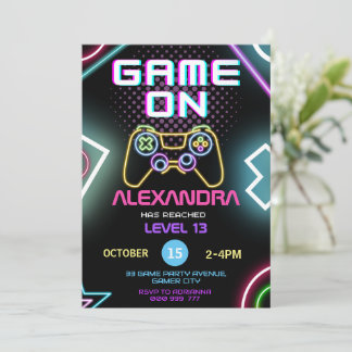 Video Game Gamer Girl Neon Birthday Invitation