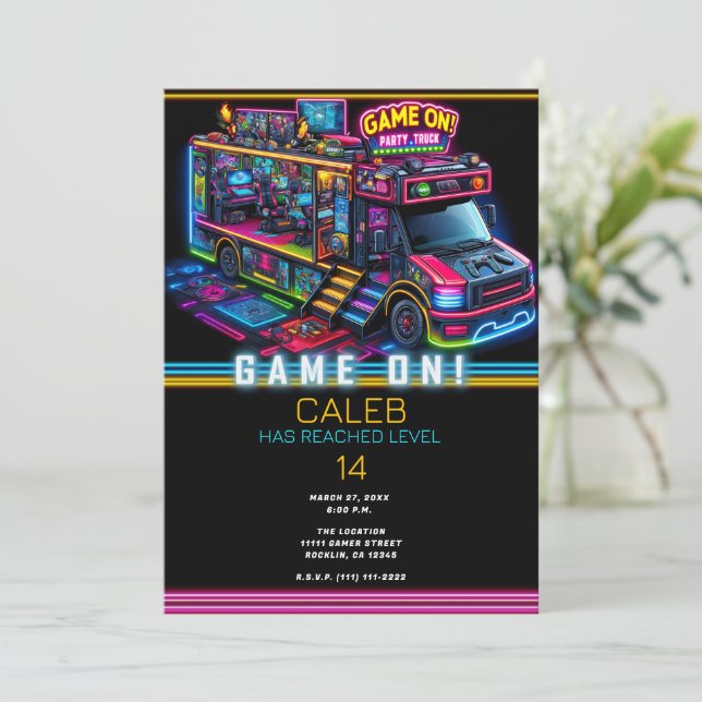 Video Game Gaming Truck Bus Gamer Birthday Party Invitation (Standing Front)