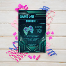  Video Game Green Kids Birthday Party Invitation
