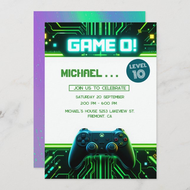 Video Game Green Kids Birthday Party Invitation (Front/Back)
