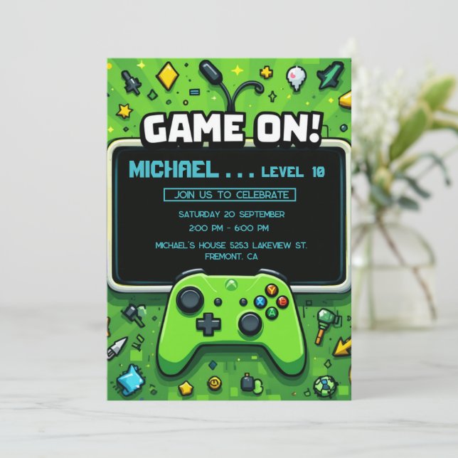Video Game Green Kids Birthday Party Invitation (Standing Front)