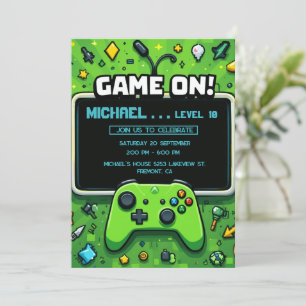 Video Game Green Kids Birthday Party Invitation