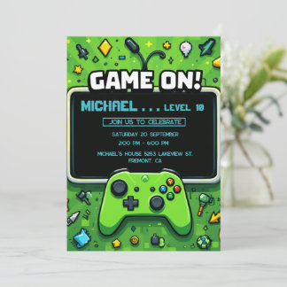 Video Game Green Kids Birthday Party Invitation