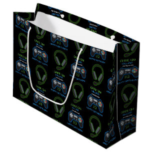 Video Game Neon Blue & Green Birthday Age Name Large Gift Bag