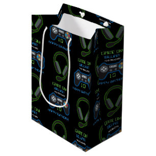Video Game Neon Blue & Green Birthday Age Name Medium Gift Bag