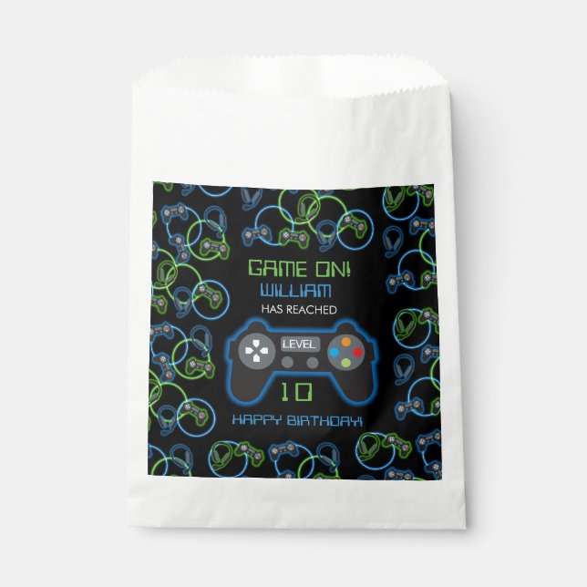 Video Game Neon Blue & Green Birthday Party Favour Bags (Front)