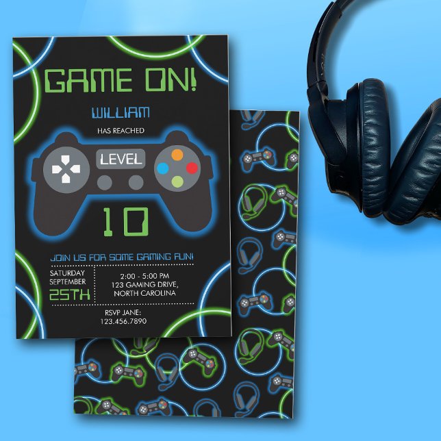 Video Game Neon Blue & Green Birthday Party Invitation (Video Game Neon Blue & Green Birthday Party Invitation)
