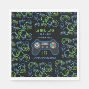 Video Game Neon Blue & Green Birthday Party Napkin