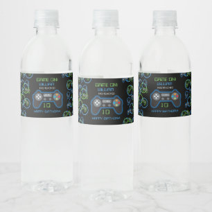 Video Game Neon Blue & Green Birthday Party Water Bottle Label