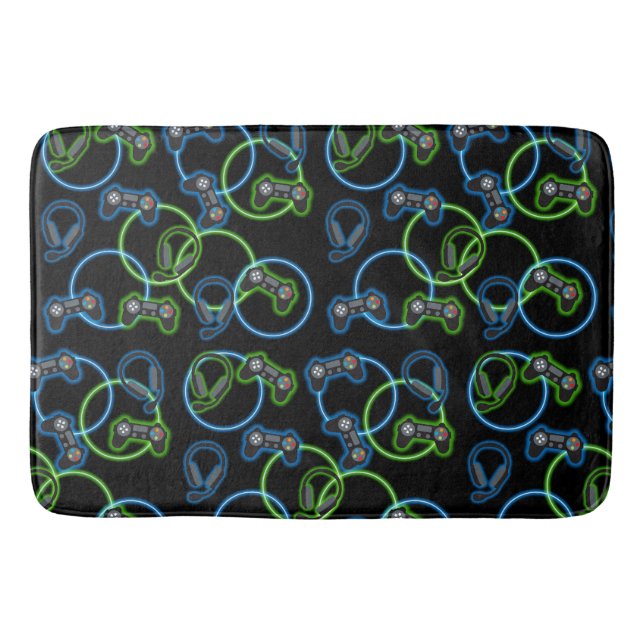 Video Game Neon Blue & Green Pattern  Bath Mat (Front)
