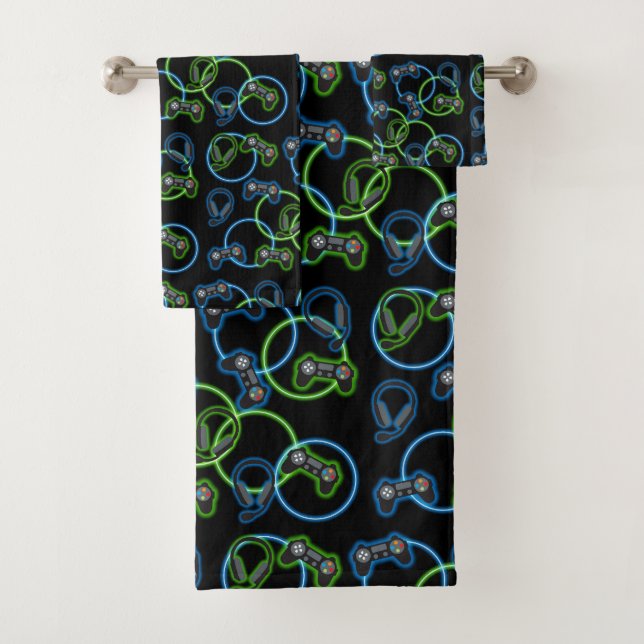 Video Game Neon Blue & Green Pattern  Bath Towel Set (Insitu)