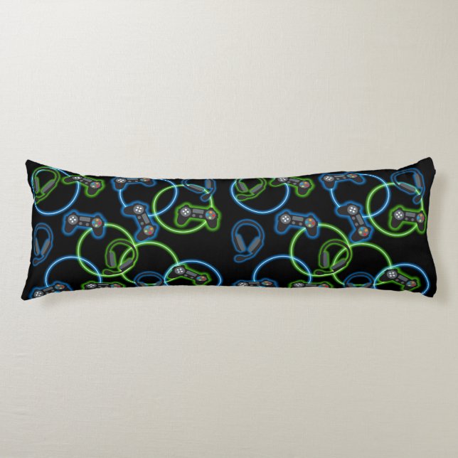 Video Game Neon Blue & Green Pattern  Body Cushion (Front)